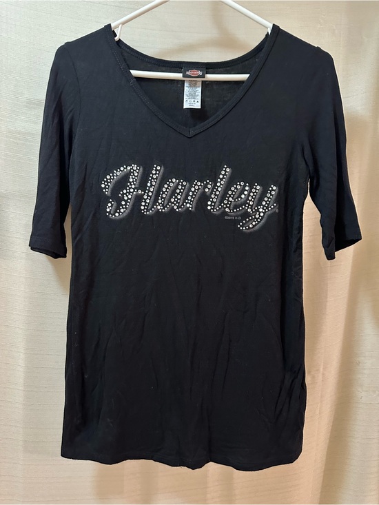 Harley-Davidson Tops - Harley Davidson Rhinestone V Neck Top Black Biker Tee Women’s Small Shirt